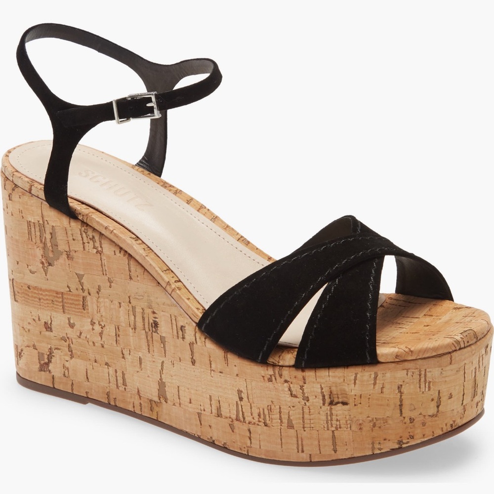 ( DONATE)   SCHUTZ Bellina Black and Tan Wedges with Platform